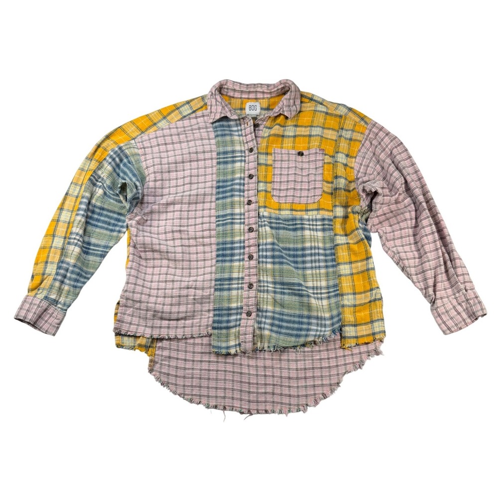 BDG Urban Outfitters Patchwork Plaid Flannel Shirt Oversized Raw Hem Small - Picture 3 of 9